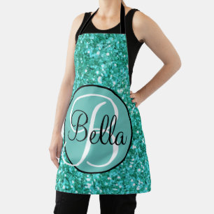Teal sparkling glitter pattern monogrammed  apron