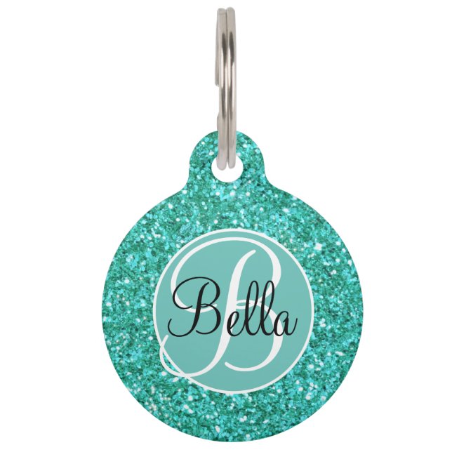 Teal sparkling glitter pattern monogrammed  pet tag (Front)