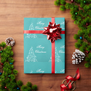Teal Sparkly Holiday Tree Wrapping Paper