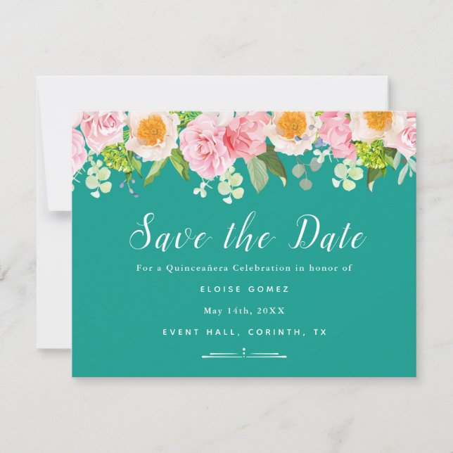 Teal Spring Quinceañera Save the Date Card (Front)