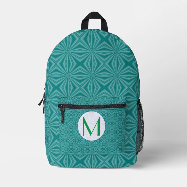 Teal Squiggly Squares and Monogram White Circle Printed Backpack (Front)