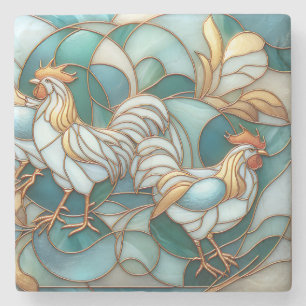 Teal Stained Glass Roosters Elegant Farmhouse Stone Coaster