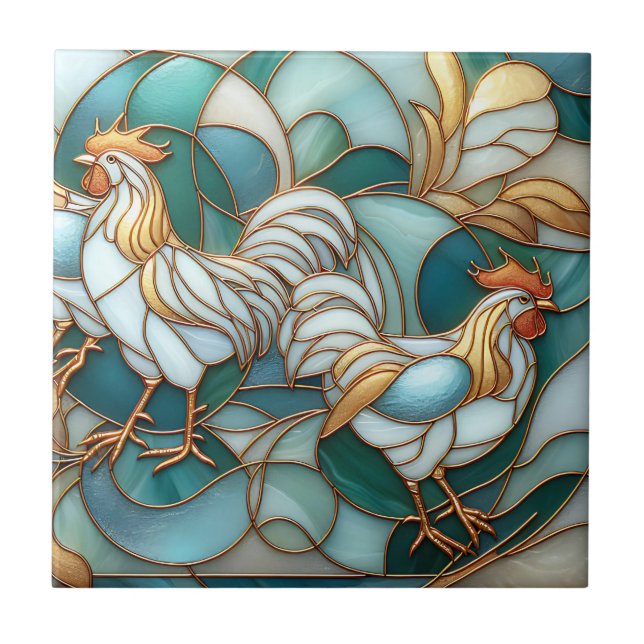 Teal Stained Glass Roosters Elegant Farmhouse Tile (Front)