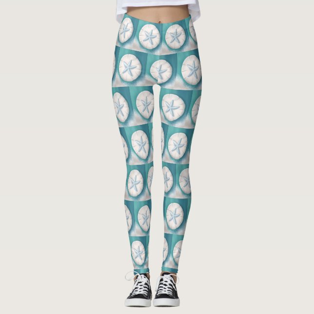 Teal Starfish and Sand Dollar Beachy  Leggings (Front)