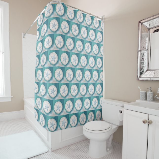 Teal Starfish and Sand Dollar Beachy  Shower Curtain (In Situ)