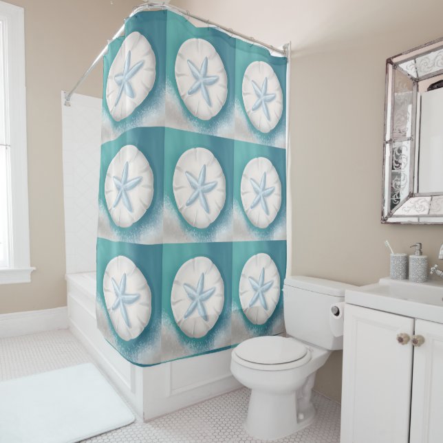 Teal Starfish and Sand Dollar Beachy  Shower Curtain (In Situ)