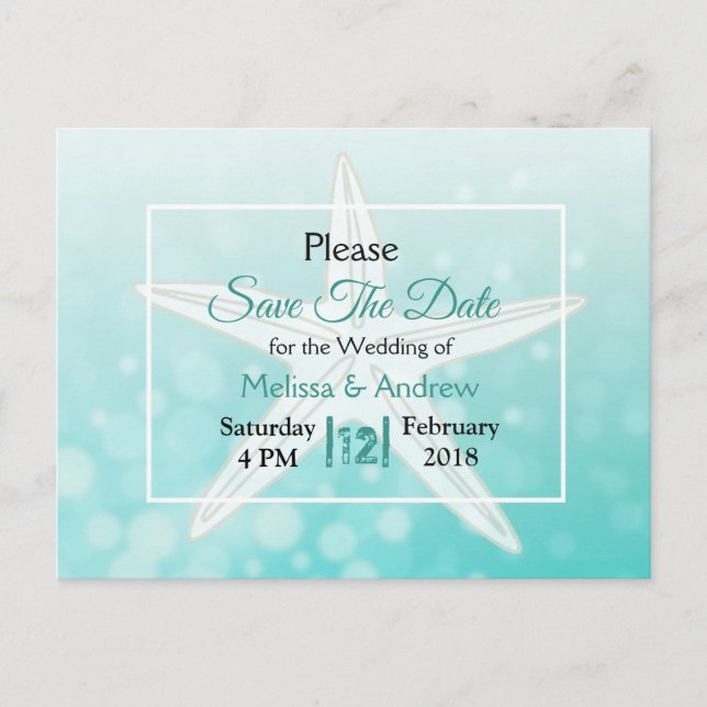 Teal Starfish Beach Themed Wedding Save the Date Announcement Postcard (Front)