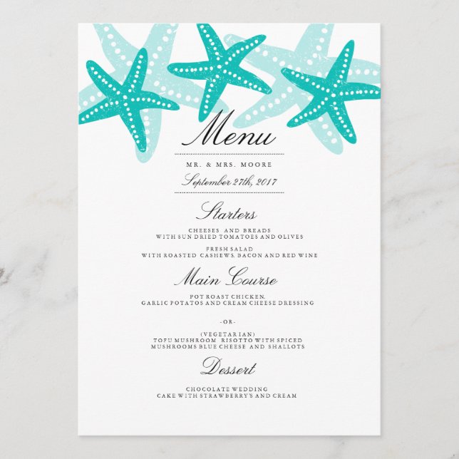 Teal Starfish Beach Wedding Dinner Menu (Front)