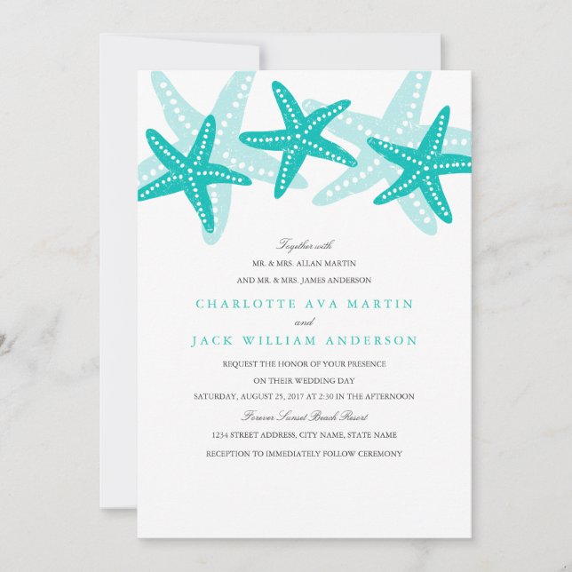 Teal Starfish Beach Wedding Invitation (Front)