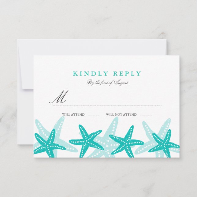 Teal Starfish Beach Wedding RSVP Card (Front)