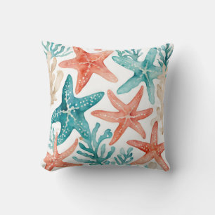 Teal Starfish Beachy Seashell Pattern Cushion