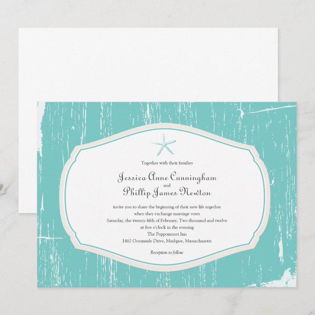 Teal Starfish Rustic Beach Wedding Invitation (Front/Back)