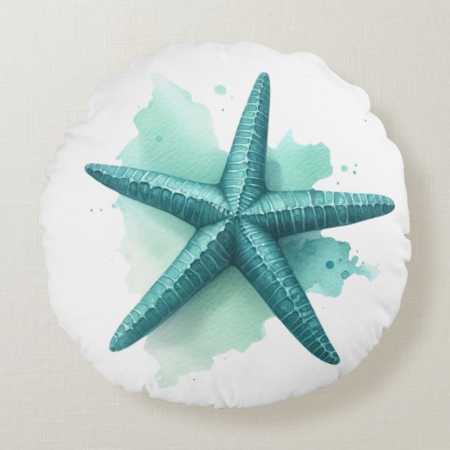 Teal Starfish Seashell Beachy Coastal Shell Round Cushion (Front)