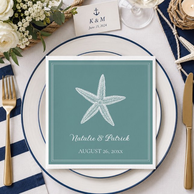 Teal Starfish Wedding Napkin (Teal Starfish Wedding Napkins)
