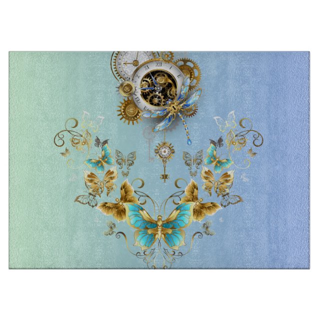 Teal Steampunk Art, Vintage Mechanical Style Cutting Board (Front)