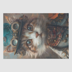 Teal Steampunk Cat with Teal Hat Decoupage Tissue Paper