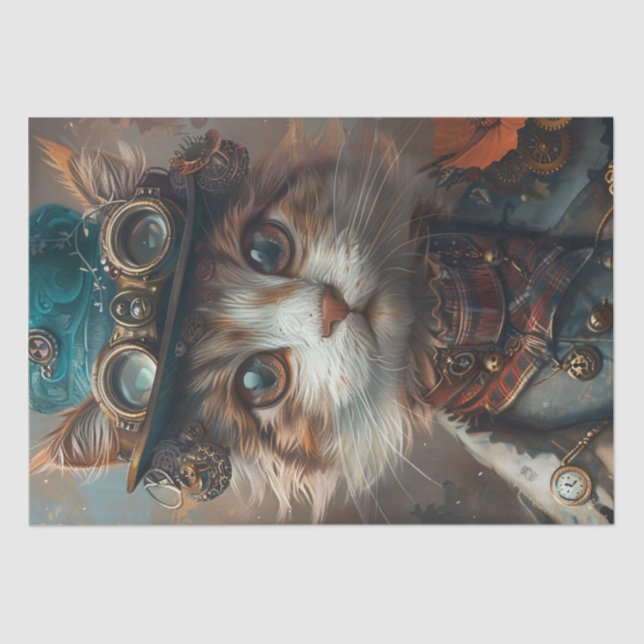 Teal Steampunk Cat with Teal Hat Decoupage  Tissue Paper (Front)