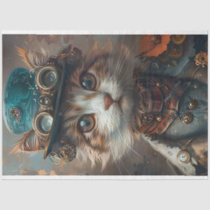 Teal Steampunk Cat with Teal Hat Decoupage Tissue Paper