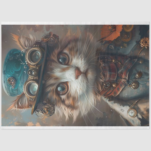 Teal Steampunk Cat with Teal Hat Decoupage  Tissue Paper (Front)