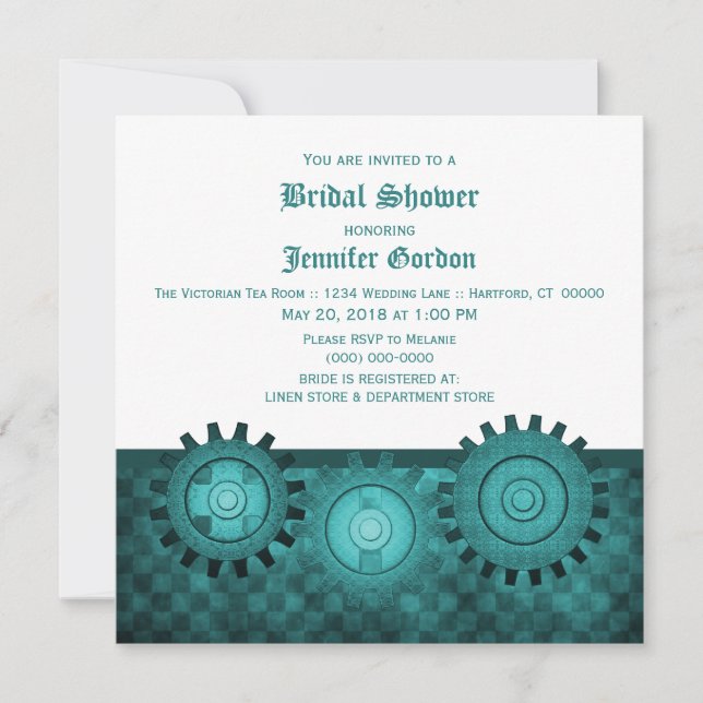 Teal Steampunk Gears Bridal Shower Invite (Front)