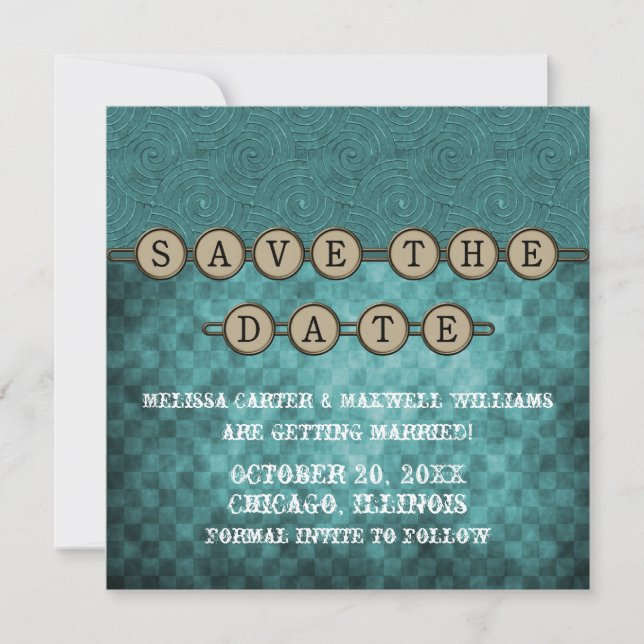 Teal Steampunk Keys Save the Date Invite (Front)