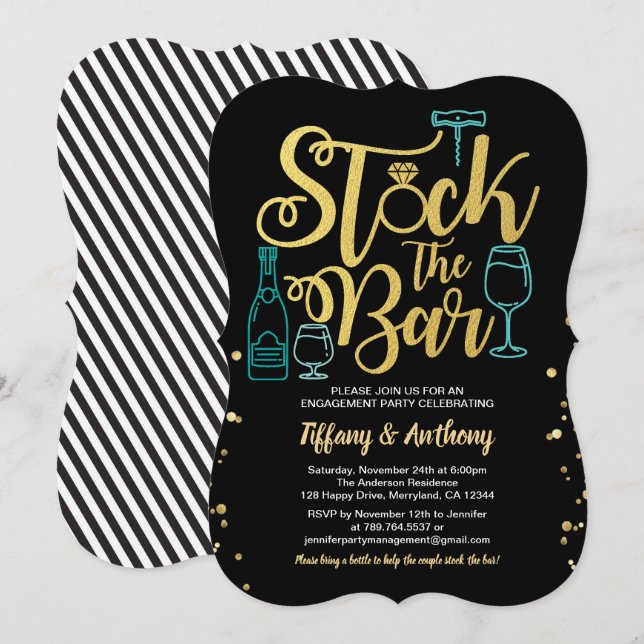 Teal stock the bar engagement party gold black invitation (Front/Back)