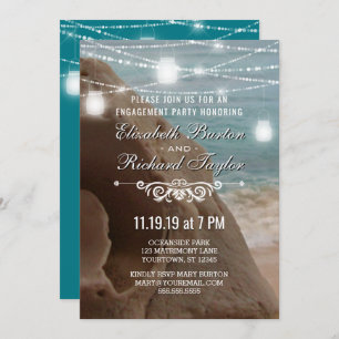 Teal String Lights Beach Engagement Party Invitation