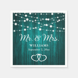Teal String Lights Hearts Rustic Wood Wedding Napkin