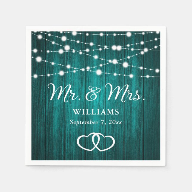 Teal String Lights Hearts Rustic Wood Wedding Napkin (Front)