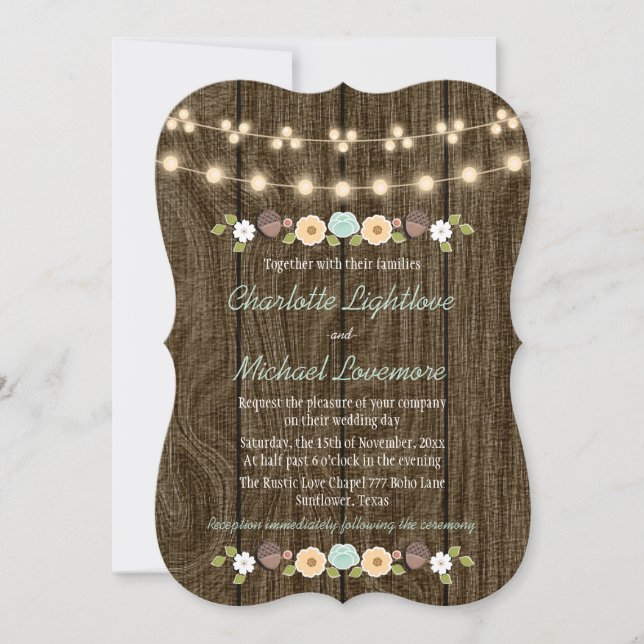 Teal String of Lights Fall Rustic Acorn Wedding Invitation (Front)