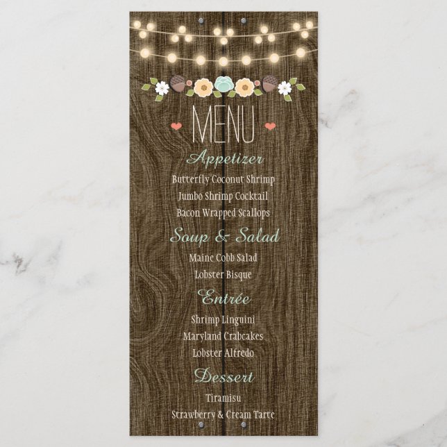 Teal String of Lights Rustic Fall Wedding Menu (Front)