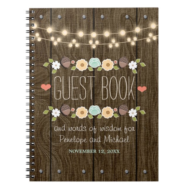 Teal String of Lights Rustic Wedding Guest Boook Notebook (Front)