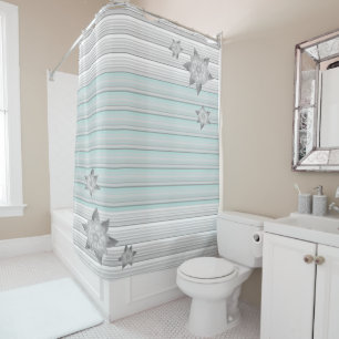 Teal Stripe and Floral Designer Grey Curtain