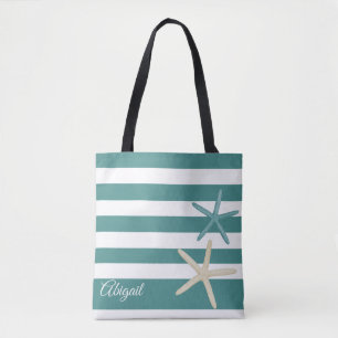 Teal Stripe Starfish Personalised Tote Bag