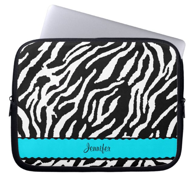 Teal Stripe With Black And White Zebra Pattern Laptop Sleeve (Front)