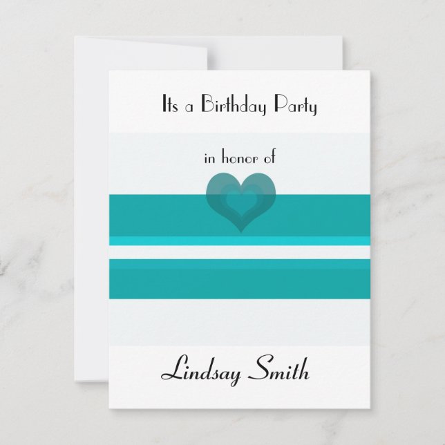 Teal Stripe With Heart Accent Birthday Invitation (Front)