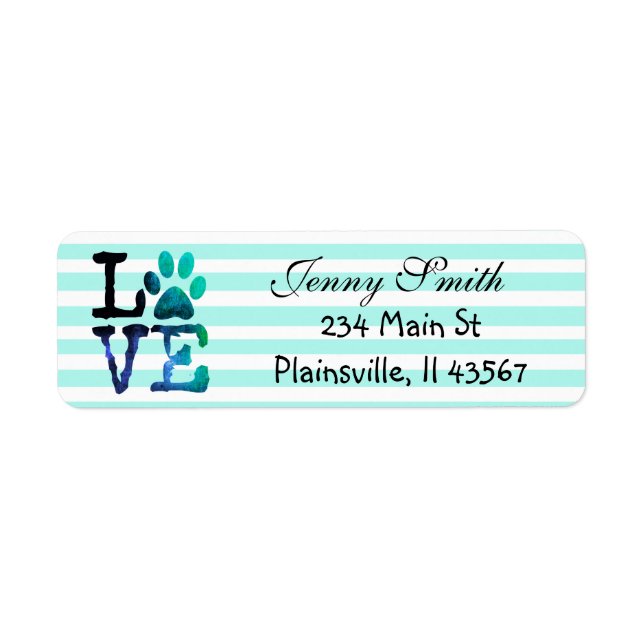Teal Striped Love Paw Print Return Address Label (Front)