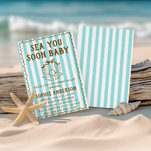 Teal Striped Sea You Soon Baby Baby Shower Invitation