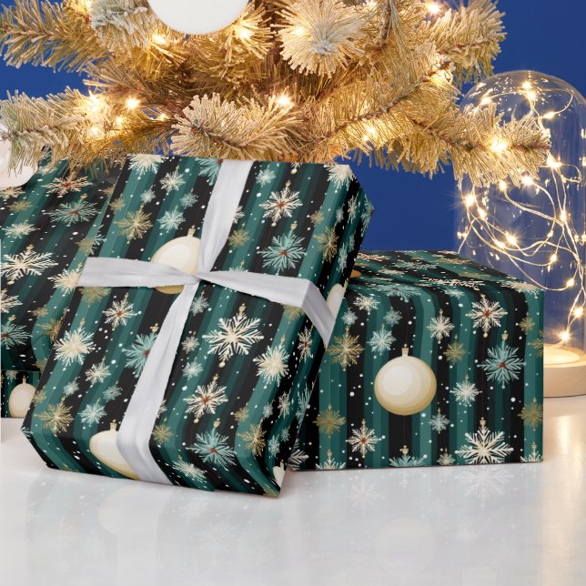 Teal Striped Snowflakes & Decorations Christmas Wrapping Paper (Holidays)