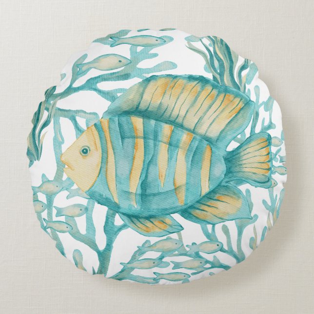 Teal Striped Watercolor Fish Round Cushion (Front)