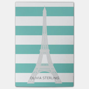 Teal Stripes & Eiffel Tower   Custom Name Post-it Notes