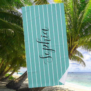 Teal Stripes on White & Black Script Name 2 Beach Towel