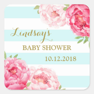 Teal Stripes Pink Floral Baby Shower Favour Tags