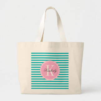 Teal Stripes with Bubblegum Pink Monogram Large Tote Bag