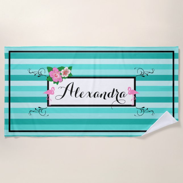 Teal Stripes With Flamingos and Hibiscus Flowers Beach Towel (Front)