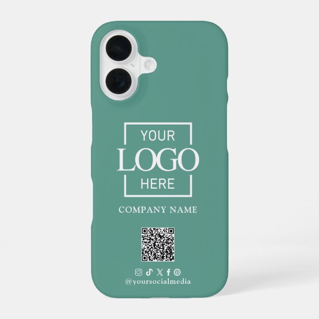 Teal Stylish Minimalist Business Logo & QR Code iPhone 16 Case (Back)