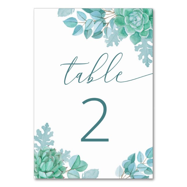 Teal Succulent Wedding | Blue Green Botanical Table Number (Front)