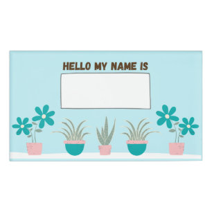 Teal Succulents & Flowers Name Tag