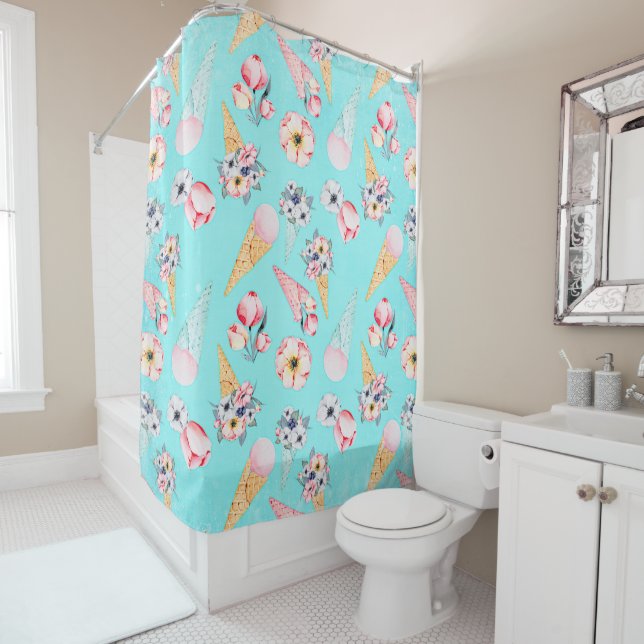 Teal Summer Fun Flower Ice Cream Cone - Pattern Shower Curtain (In Situ)