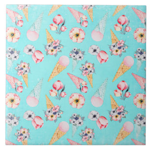 Teal Summer Fun Flower Ice Cream Cone - Pattern Tile